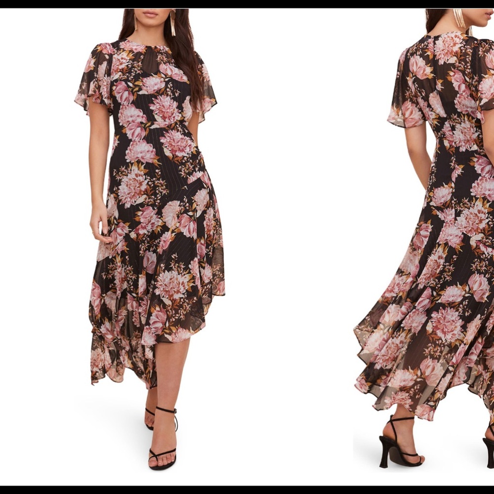 Astr Asymmetrical Dress - Black and Pink Floral
